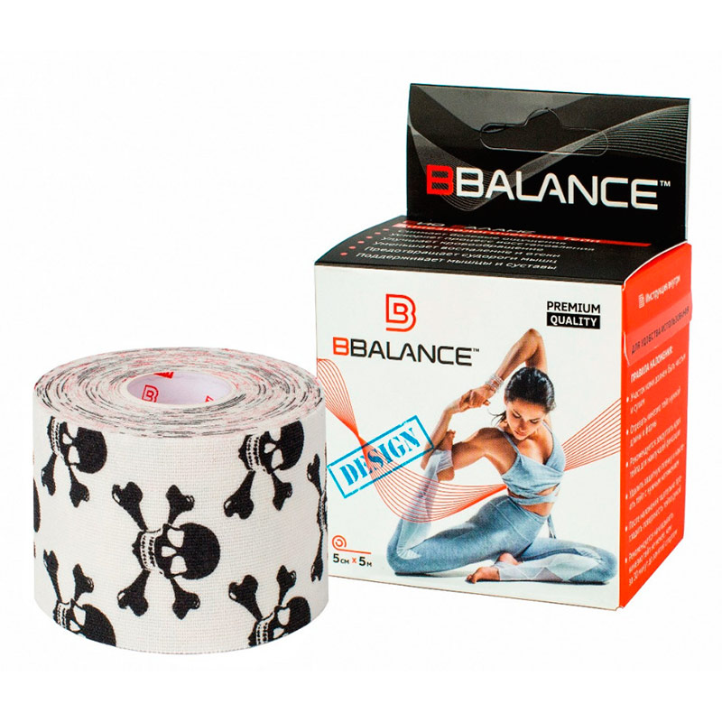 Кинезио тейп Bio Balance Tape 5см х 5м белый/черные черепа